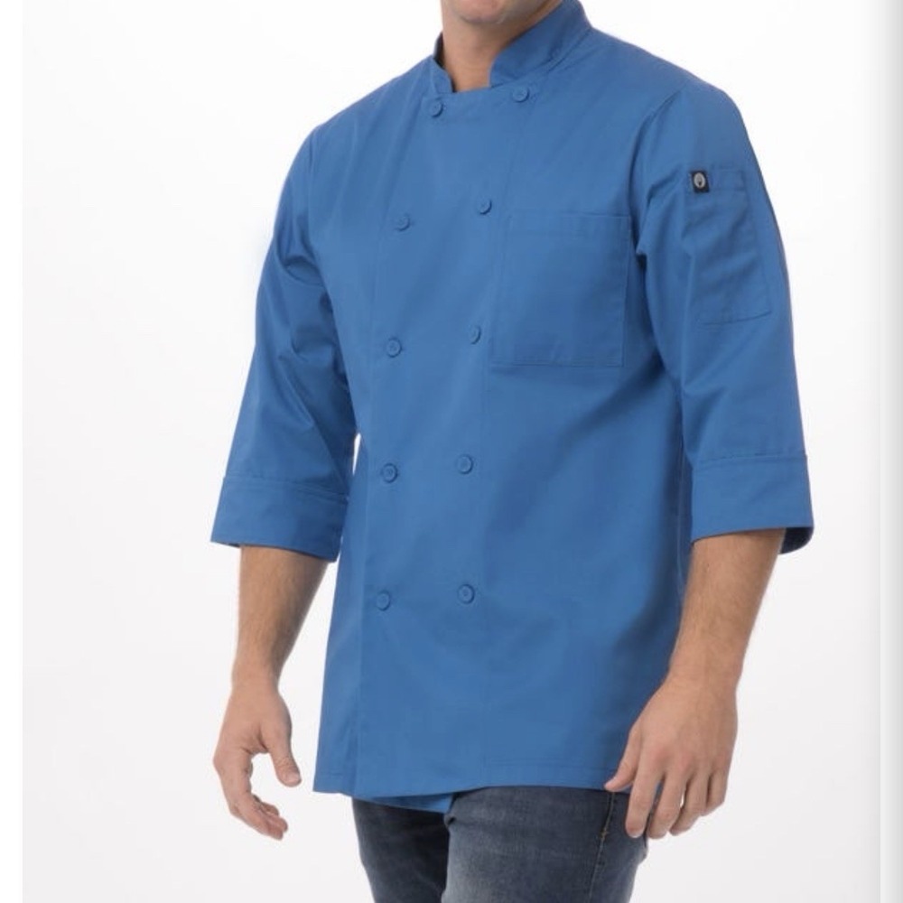 NWT Chef Works Morocco Blue 3/4 Sleeve Pocket Chefs Shirt Coat Jacket Unisex MED